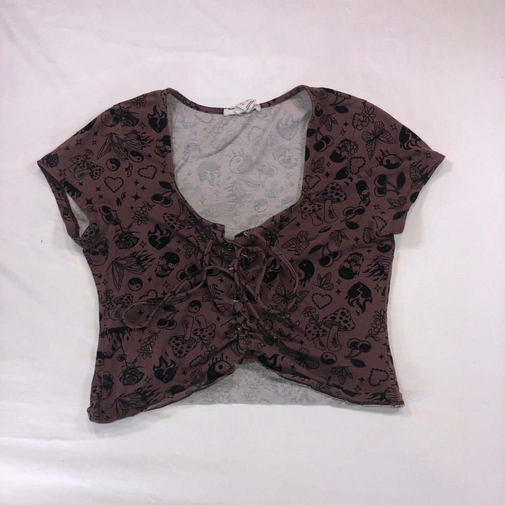 Charlotte Russe Mauve Brown Graphic Lace Up Crop Top Butterfly Mushroom Skulls M